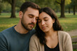 © dhiyaulhaq - Couple sharing a calm, intimate embrace on a park bench, enjoying a peaceful moment in nature with eyes closed, finding peace in each other's presence