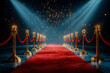 © SvoP - Luxurious celebrity red carpet with velvet ropes and sparkling lights on a starry night background