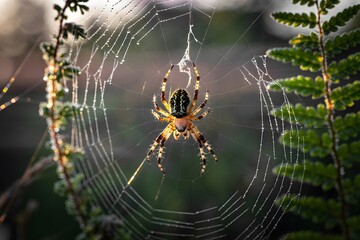 Closeup of a spider on its web with dew drops in the garden