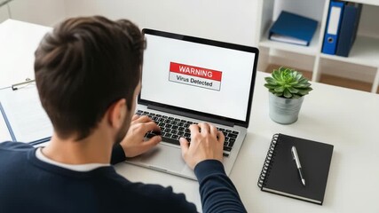 A man working on a laptop receives a critical warning message indicating a virus has been detected on his computer system