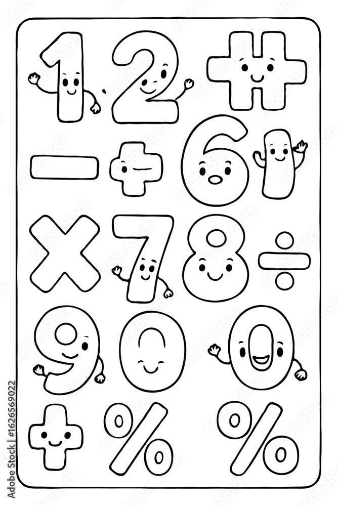 A coloring page with cute cartoon numbers and math symbols for kids to ...