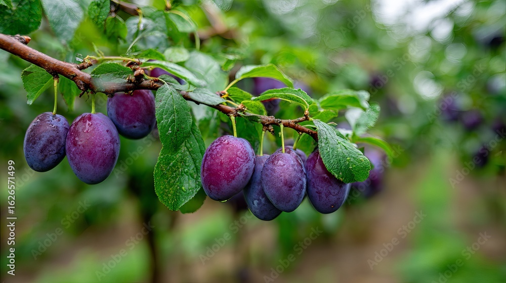 Plums hanging on the branch of an orchard in a frontal view. Close up ...