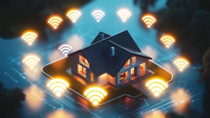 Wall Mural - modern smart home concept with wi-fi signals and technology interface in a serene urban environment 