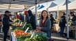 © Таня Андреева - Smiling Asian woman in cardigan browsing fresh vegetables and fruits at busy outdoor farmers market with vendors and customers under white tents