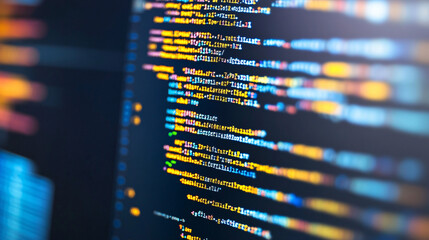 Program code on computer display in magnifying glass. Close-up