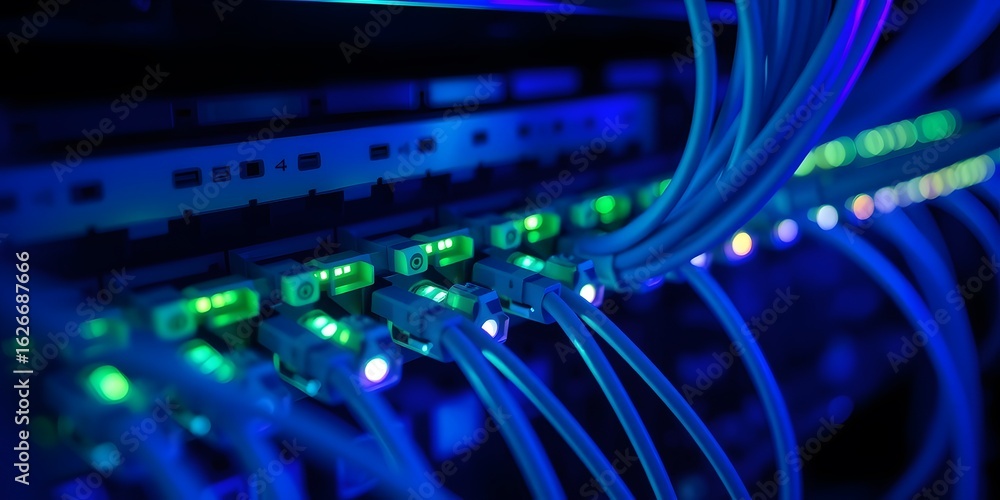 Server Rack Cable Color A macro view of color-coded fiber optic cables in a high-performance ...