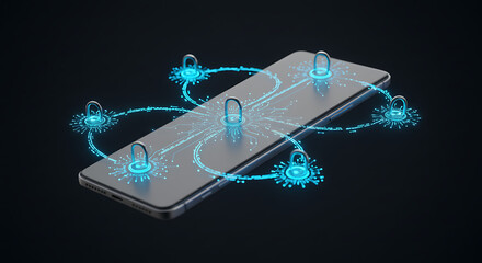 Futuristic mobile security concept with a glowing network of digital padlocks protecting data