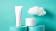 © rafe - Minimalist studio shot of white skincare cream tube and jar with fluffy cotton on bright teal background