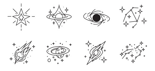 Simple line art illustrations of space elements including stars and planets vectors
