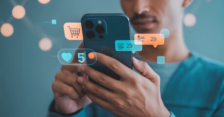 Smartphone Engagement: A man is deeply engrossed with his sleek smartphone. Immersed in a digital environment, he is connecting with social media and enjoying shopping activities. 