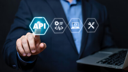 Person touching digital interface with api and coding icons technology connection