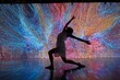 © Sasha - A dancer showcases a fluid and expressive performance in a contemporary gallery, bright colors illuminating the backdrop during an evening art event Generative AI