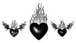 © Vintage Studio - Heart flames, gothic angel core Y2K burning hearts illustrations. Love burns bright, light my fire type designs. Black & white prints, Valentine’s templates, tattoo silhouettes, blazing vector art