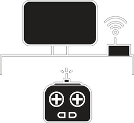 wireless gaming console with controller connected to monitor icon for remote gameplay with transpare