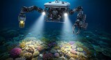 Underwater Exploration Deep Sea Robot Inspecting Colorful Coral Reef Scientific Research and Robotic Technology for Marine Conservation