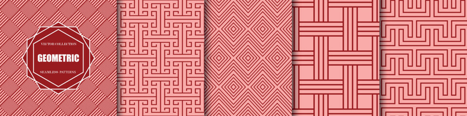 Wall Mural - collection of vector seamless geometric ornament patterns. bright striped red abstract repeatable ba