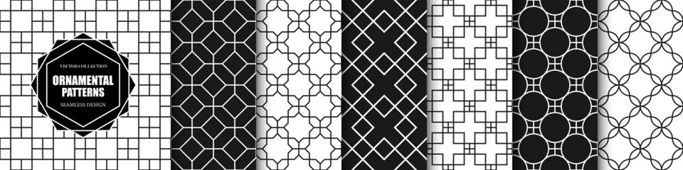 Wall Mural - collection of seamless decorative monochrome patterns - geometric ornamental design. repeatable blac
