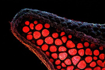 Wall Mural - intricate close-up of textured surface displaying vibrant red patterns under microscopic view