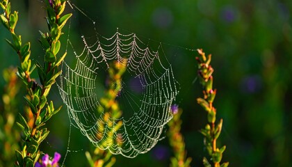 Dew-kissed spiderweb amongst plants