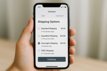 hand holds a smartphone showing a mobile app checkout page. The 'Shipping Options' screen has 'Overnight Shipping' selected. The background is a plain, light-colored wall. The concept is e-commerce 
