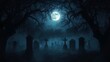 © Rana - Full moon night in creepy graveyard with foggy cemetery tombstones and dead trees for haunted halloween backgrounds, horror stories, mystery themes and dark fantasy artworks