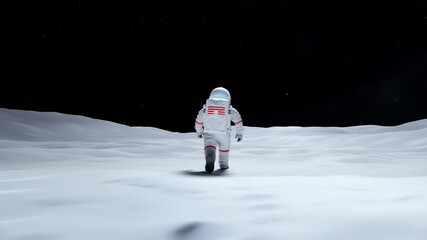 Wall Mural - astronaut walking across desolate moon surface, white spacesuit with red stripes, surrounded by crat