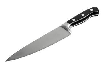 A stainless steel chef's knife with a black plastic handle
