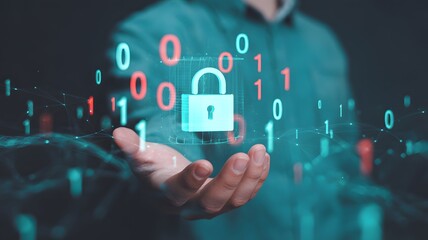 Digital Fortress: A futuristic composition that highlights the importance of digital security, featuring a glowing padlock floating above an open hand, symbolizing protection in the modern era.