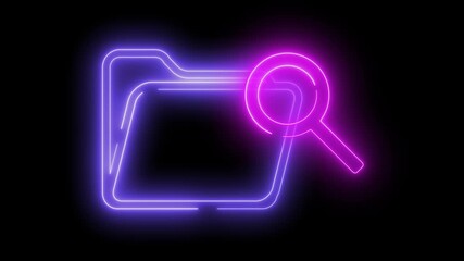 Neon light effect animation of a folder icon with a magnifying glass, black background