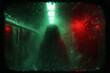 © KANTIC - Abstract, grainy, and moody image of a blurred figure in a dark subway, seen through a rain-streaked window, with red and green color grading