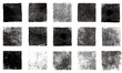 © Vintage Studio - Grungy linocut hand printed square shapes set with textured relief blocks. Rough scuffed lino ink stamps, retro artistic backgrounds, vintage distressed frames, abstract craft design elements