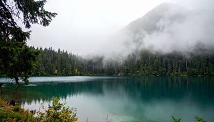 Scenic view of a tranquil lake surrounded by dense evergreen forest and a mist-shrouded mountain on a cloudy day.