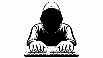 Person in a hoodie typing on a keyboard with an obscured face in a black and white vector illustration silhouette