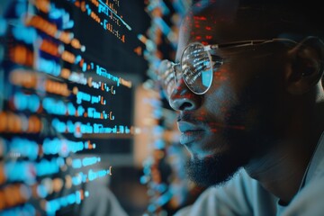 Portrait of Startup Digital Entrepreneur Working on Computer, Line of Code Projected on Face and Reflecting in His Glasses. Neural network ai generated