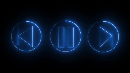 Neon line music sign animation on the black background. Music timeline or video track player icon. Neon Glowing Video Play, Go Back and Forward Icon Animation In Black Background.