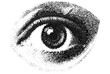© Vintage Studio - Scared eye graphic with halftone stipple effect in vintage photocopy style. Gothic surreal collage vector for punk Y2K poster, retro banner design featuring grainy texture and horror punk aesthetics.