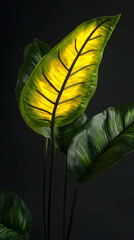 Wall Mural - Illuminated tropical plant leaves against dark background; home decor, website design