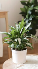 Wall Mural - Dieffenbachia plant in white pot on wooden table, home interior background; perfect for home decor websites