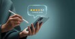 © Hriday - Mobile Phone User’s Positive Feedback: A person interacts with a mobile phone, their experience represented by a five-star customer review, symbolizing excellent service.