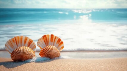 Wall Mural - two seashells sitting on sandy beach, perfect for summer or ocean-themed designs