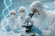 © Thitiporn - Precision of Science: A team of dedicated scientists, meticulously focused, peer through a microscope, engaged in a cutting-edge laboratory setting.