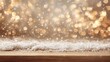 © Shelley - Abstract background featuring blurred golden bokeh lights and white snow on a beige-brown tone, providing a cozy setting for product displays. Ideal for Christmas themes.