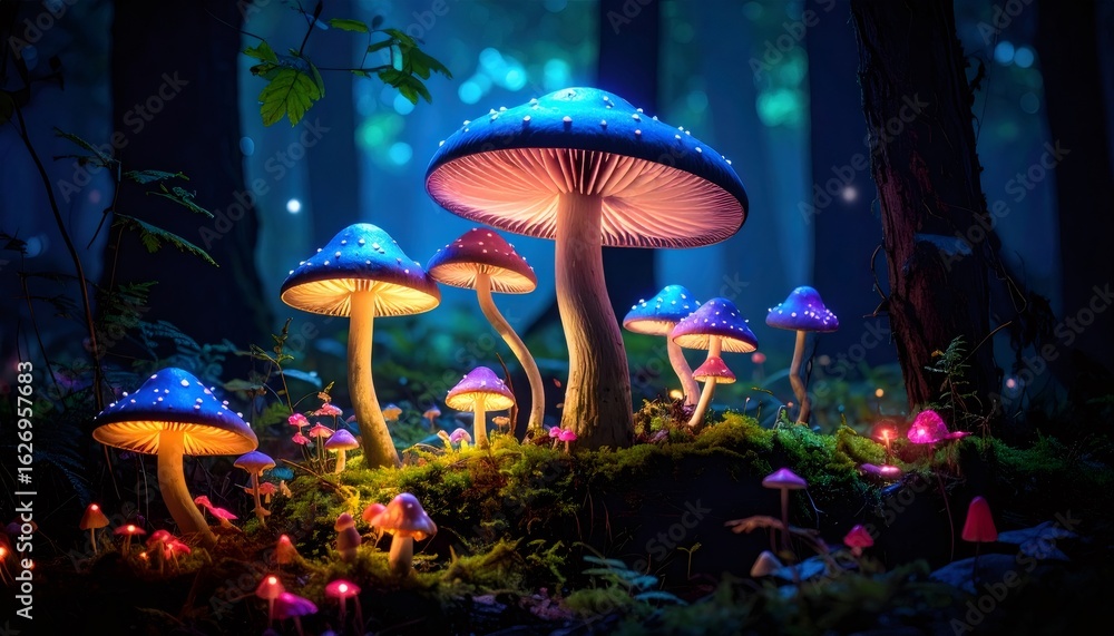 Glowing mushrooms creating a magical atmosphere in an enchanted forest ...