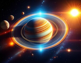 Wall Mural - a solar planet with rings made of ice and rock orbiting a bright star