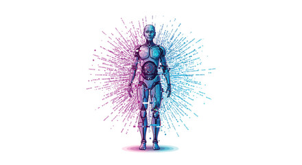 Futuristic robot with data burst on white background