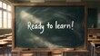 © Олег - A vintage classroom with a green chalkboard, desks, and chairs, where the sun shines through the window, with the phrase 'Ready to learn!' written on the board. Concept of education