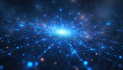Wall Mural - Vast cosmic network with glowing blue threads connects celestial patterns across a starry background. Infinite universe illustrates ethereal light, dark matter, and space exploration concepts.