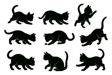  Collection of black cat silhouettes in playful poses isolated on white background