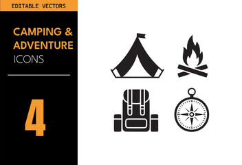 Wall Mural - Camping icon set. Featuring tent, campfire, backpack, and compass in a clean black and white minimalist design. Vector illustration.