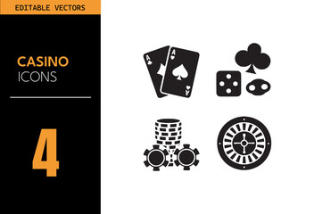 Wall Mural - Casino icon set. Featuring cards, dice, roulette wheel, and poker chips in minimalist black and white style. Vector illustration